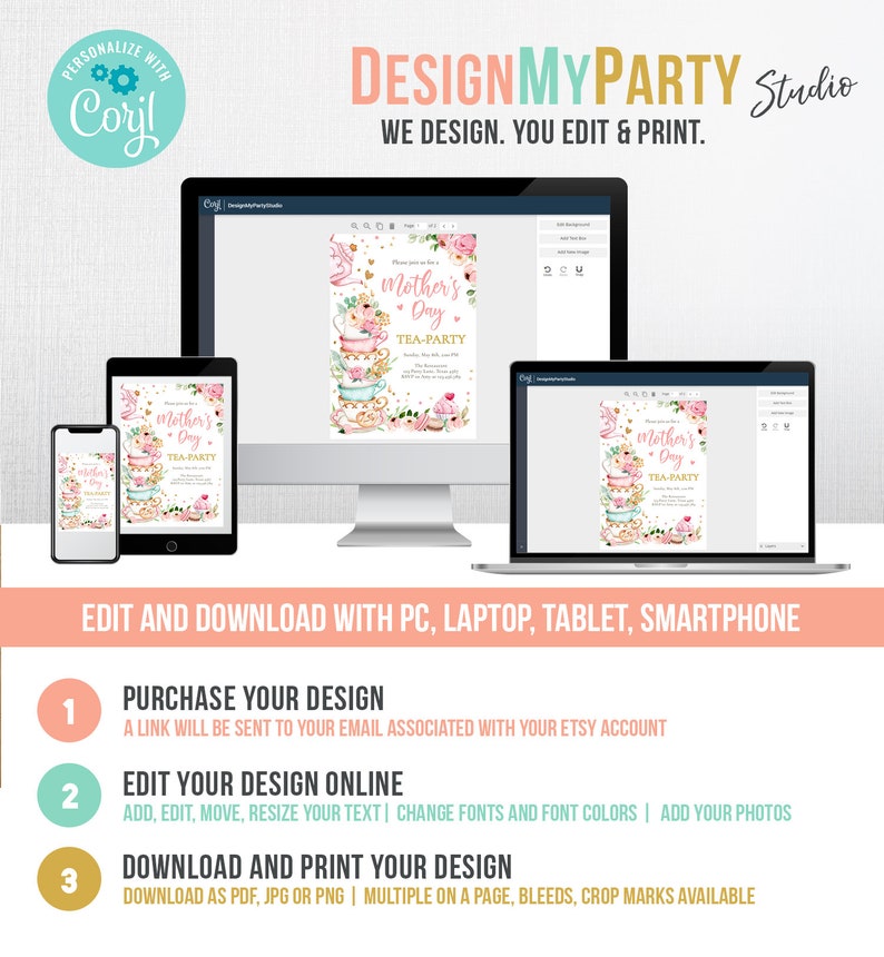 K&ouml;nnte beinhalten: Digitales Design f&uuml;r eine Muttertags-Teeparty-Einladung, dargestellt auf verschiedenen Ger&auml;ten. Das Design zeigt florale Elemente und Teetassen. Der Text lautet "Design My Party Studio". Bearbeiten und herunterladen.