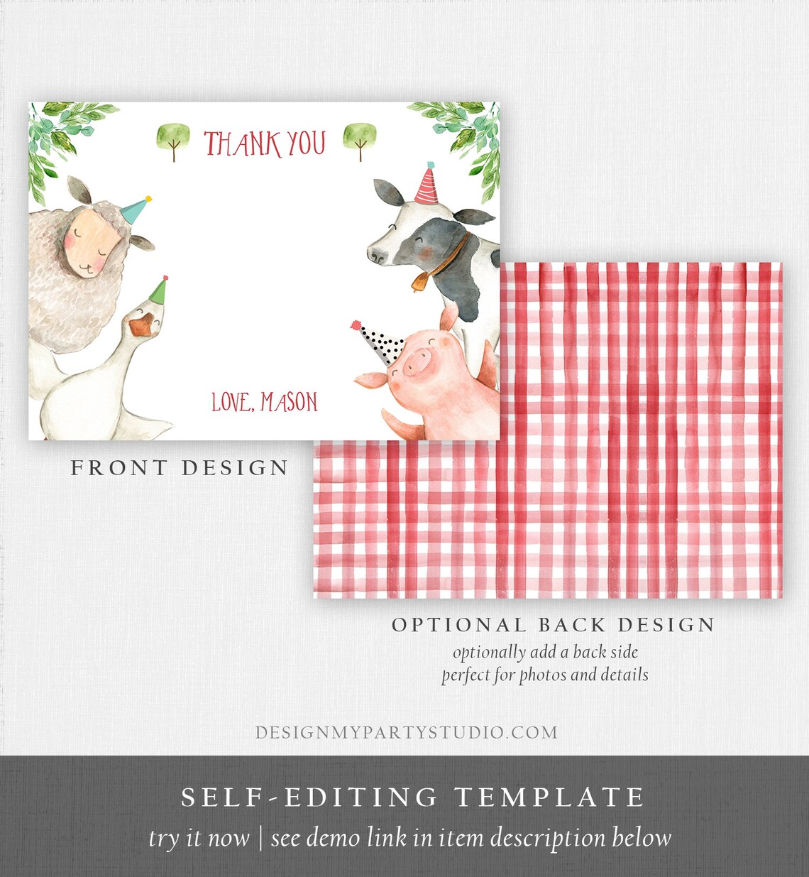 Editable Farm Animals Thank You Card Red Gingham Farm Birthday Boy ...