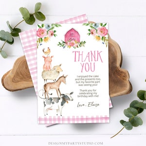 Carte de remerciement modifiable avec les animaux de la ferme Anniversaire de la ferme rose Carte de remerciement pour fille de basse-cour Modèle d'anniversaire Téléchargement immédiat Corjl 0155