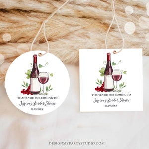 Editable Wine Bridal Shower Favor Tags Thank You Tags Mini Wine Bottle Round Square Wedding Rustic Digital Template Printable 0234