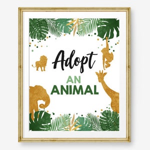 Adopt an Animal Birthday Sign Table Decor Safari Birthday Wild One Animals Black and Gold Table Sign Zoo Party Jungle PRINTABLE 0016 image 1