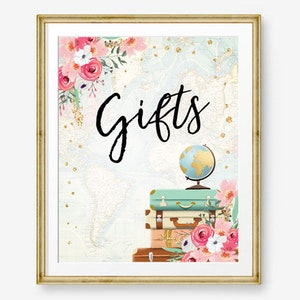 Gifts Sign Travel Adventure Bridal Shower Wedding Birthday Pink Floral Suitcases Gift Table Confetti Instant Download Printable 0030