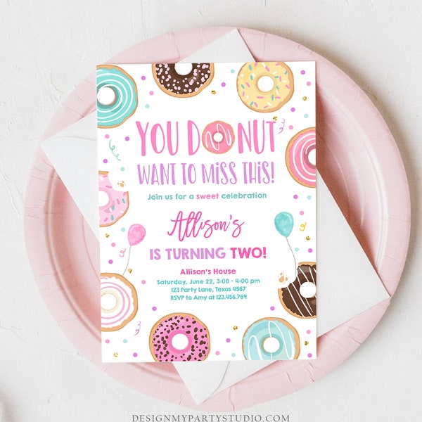 Editable Donut Want To Miss This Birthday Invitation Sweet Party Pink Gold Girl Doughnut Sweet One Download Corjl Template Printable 0343