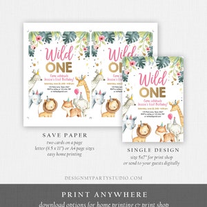 May include: Printable invitation for a first birthday party with a jungle theme. The invitation features a pink and gold "Wild One" title with illustrations of animals wearing party hats. The text includes the date, time, and location of the party.