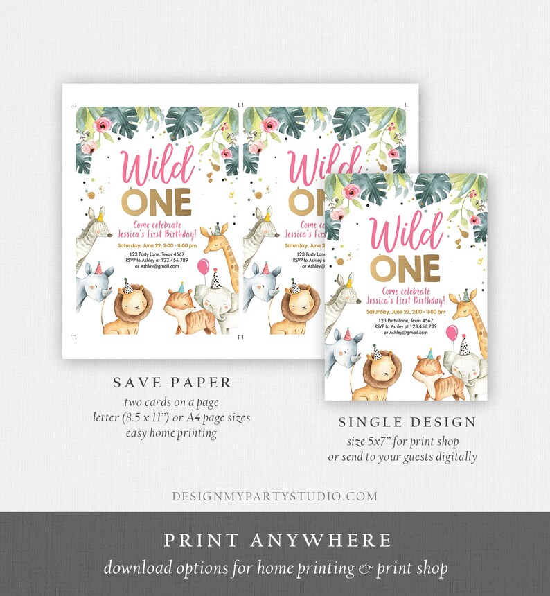 May include: Printable invitation for a first birthday party with a jungle theme. The invitation features a pink and gold "Wild One" title with illustrations of animals wearing party hats. The text includes the date, time, and location of the party.
