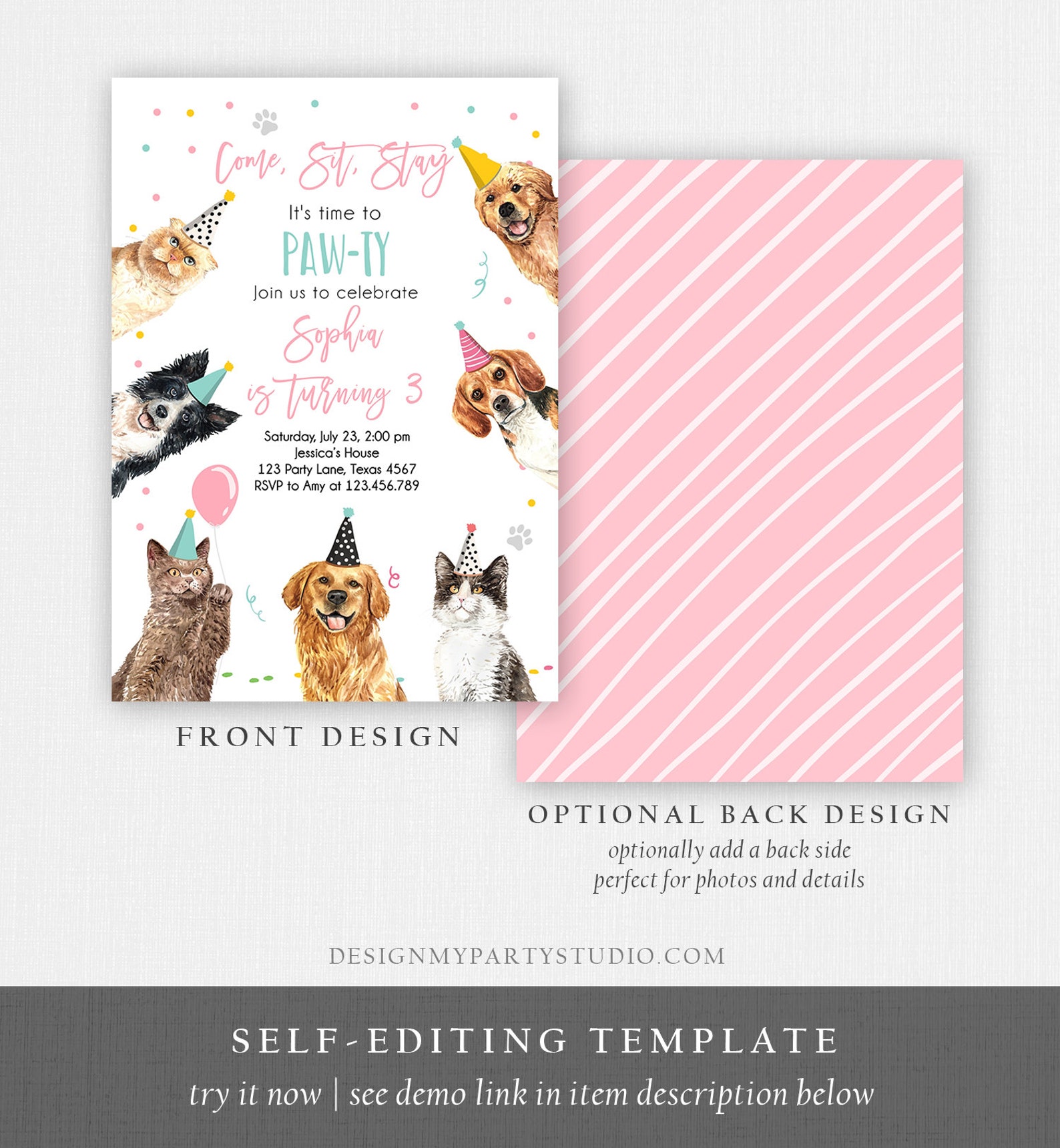 Editable Cats and Dogs Birthday Invitation Cat Dog Birthday Party ...
