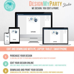 May include: A digital mockup showing how to edit and download a printable design for a newborn announcement. The design features a watercolor illustration of a blue planet with stars and a banner that says "NEWBORN". The design can be edited online using a computer, laptop, tablet, or smartphone.