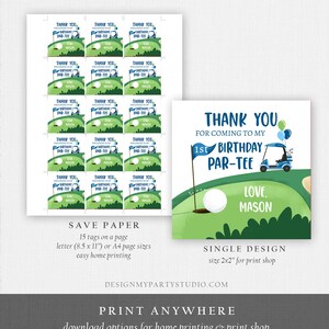 Peut inclure: 15 &eacute;tiquettes de remerciement imprimables avec un chariot de golf, une balle de golf et le texte "Merci d'&ecirc;tre venu &agrave; mon 1er anniversaire Par-Tee Love, Mason". Les &eacute;tiquettes sont con&ccedil;ues pour une f&ecirc;te d'anniversaire sur le th&egrave;me du golf.