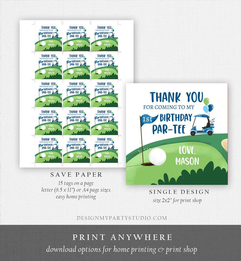 Peut inclure: 15 &eacute;tiquettes de remerciement imprimables avec un chariot de golf, une balle de golf et le texte "Merci d'&ecirc;tre venu &agrave; mon 1er anniversaire Par-Tee Love, Mason". Les &eacute;tiquettes sont con&ccedil;ues pour une f&ecirc;te d'anniversaire sur le th&egrave;me du golf.