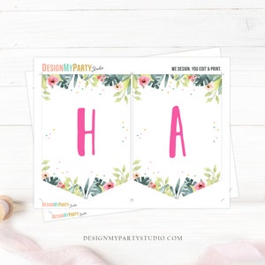 Pode incluir: Uma faixa branca com as letras "HA" em rosa brilhante. A faixa &eacute; decorada com desenhos florais e de folhas em aquarela. O texto "DESIGNMYPARTYSTUDIO.COM" est&aacute; na parte inferior.