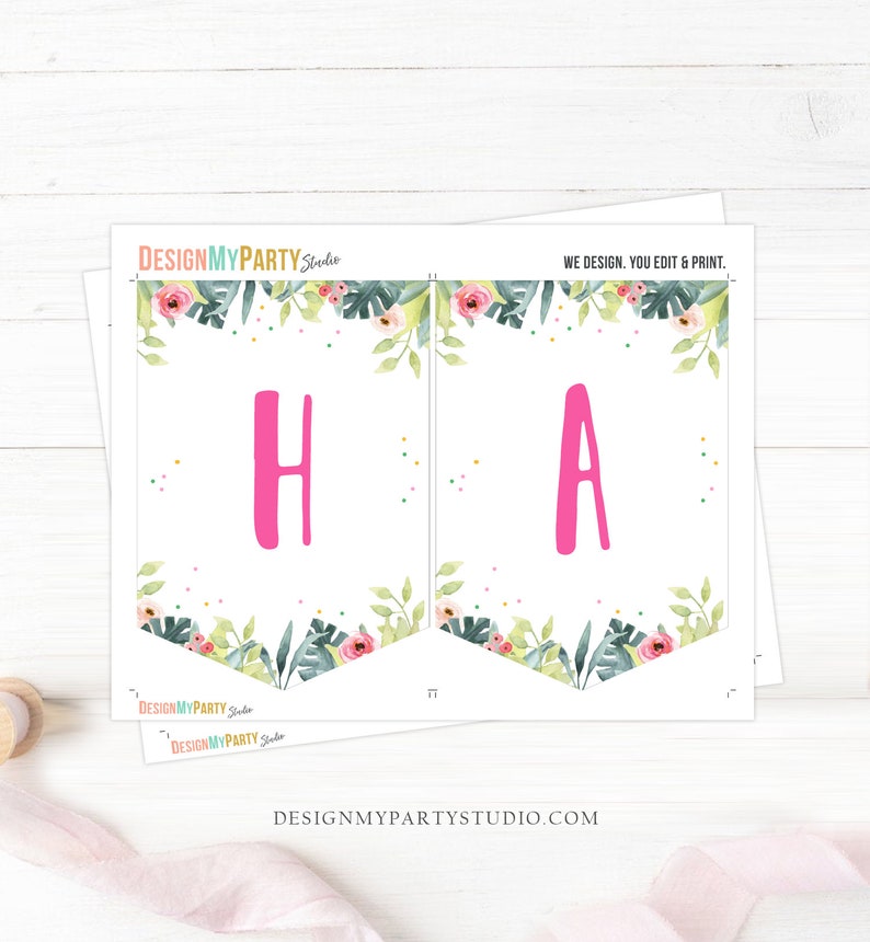 Pode incluir: Uma faixa branca com as letras "HA" em rosa brilhante. A faixa &eacute; decorada com desenhos florais e de folhas em aquarela. O texto "DESIGNMYPARTYSTUDIO.COM" est&aacute; na parte inferior.