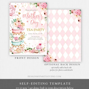 May include: A printable invitation for a Mother's Day tea party. The invitation features a stack of teacups with floral designs, a teapot, and a cupcake. The text on the invitation reads "Please join us for a Mother's Day Tea-Party".