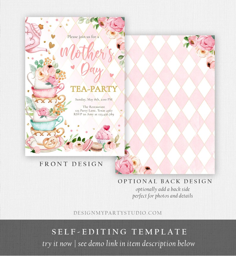 May include: A printable invitation for a Mother's Day tea party. The invitation features a stack of teacups with floral designs, a teapot, and a cupcake. The text on the invitation reads "Please join us for a Mother's Day Tea-Party".