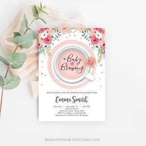 Editable a Baby is Brewing Invitation Girl Baby Shower Invite Pink and Gold Floral Tea Cup Flowers Instant Download Printable Template Corjl image 2