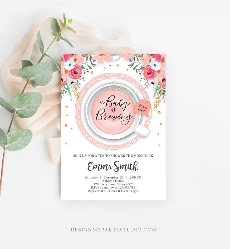 Editable a Baby is Brewing Invitation Girl Baby Shower Invite Pink and Gold Floral Tea Cup Flowers Instant Download Printable Template Corjl image 2