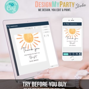 May include: A computer screen displaying a thank you card template with a watercolour sun design. The text on the card reads "Thank you for making my party so bright. Love, Jessica". The screen is showing a design tool with options to edit text and download the design.
