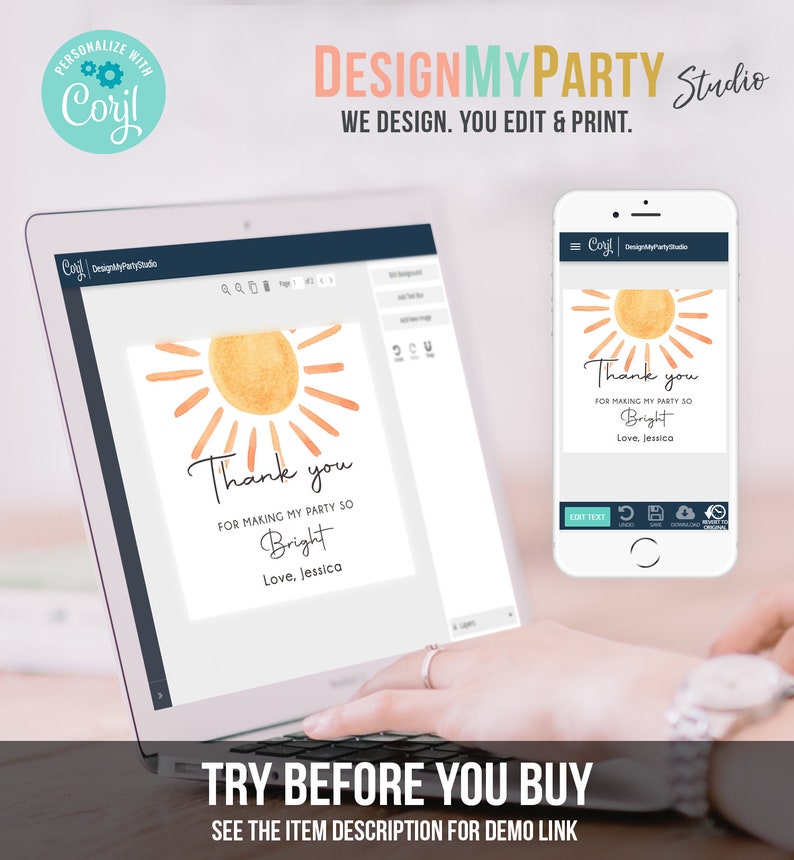 May include: A computer screen displaying a thank you card template with a watercolour sun design. The text on the card reads "Thank you for making my party so bright. Love, Jessica". The screen is showing a design tool with options to edit text and download the design.