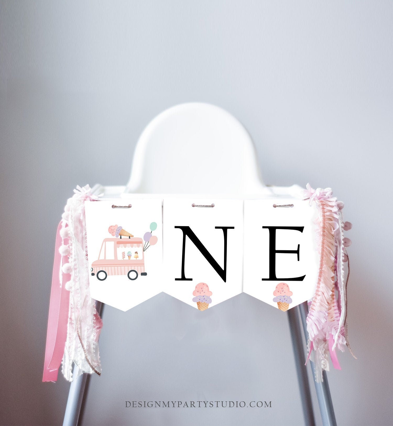 Banner Decorativo Per Seggiolone '1° Buon Compleanno' A Forma Di Gelato, In Tulle E Cotone, Rosa/giallo/blu