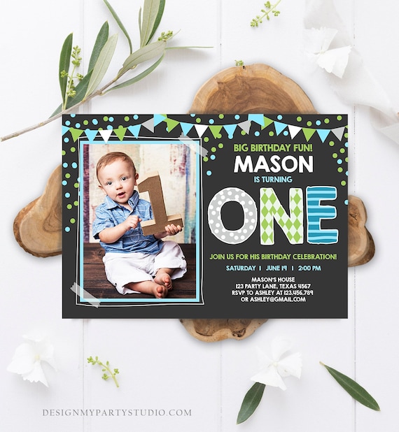 Editable Boy First Birthday Invitation One Green Blue Paper Chalk Confetti 1st Birthday Photo Digital Download Corjl Template Printable 0130 Il_570xn