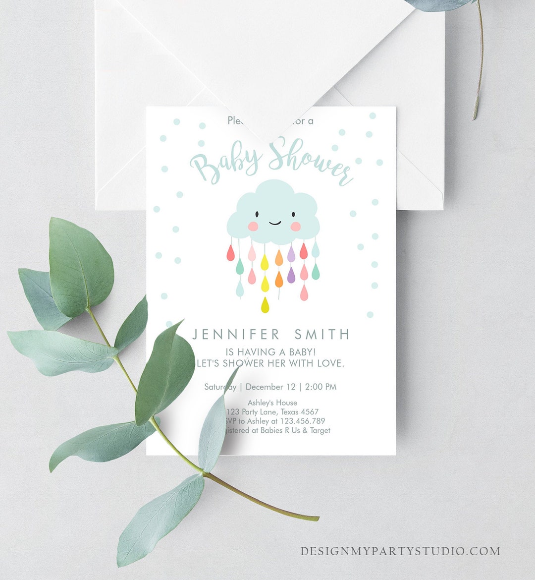 Editable Cloud Baby Shower Invitation Raindrop Shower With Love Rain ...