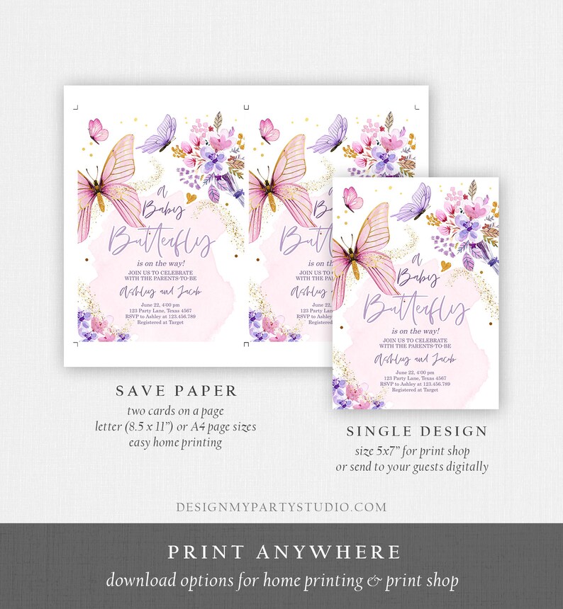 Redigerbar fjärilsbabyshowerinbjudan Lila fjäril på väg Blommig rosa guldflicka Digital nedladdning Evite-mall Utskrivbar 0437 bild 7