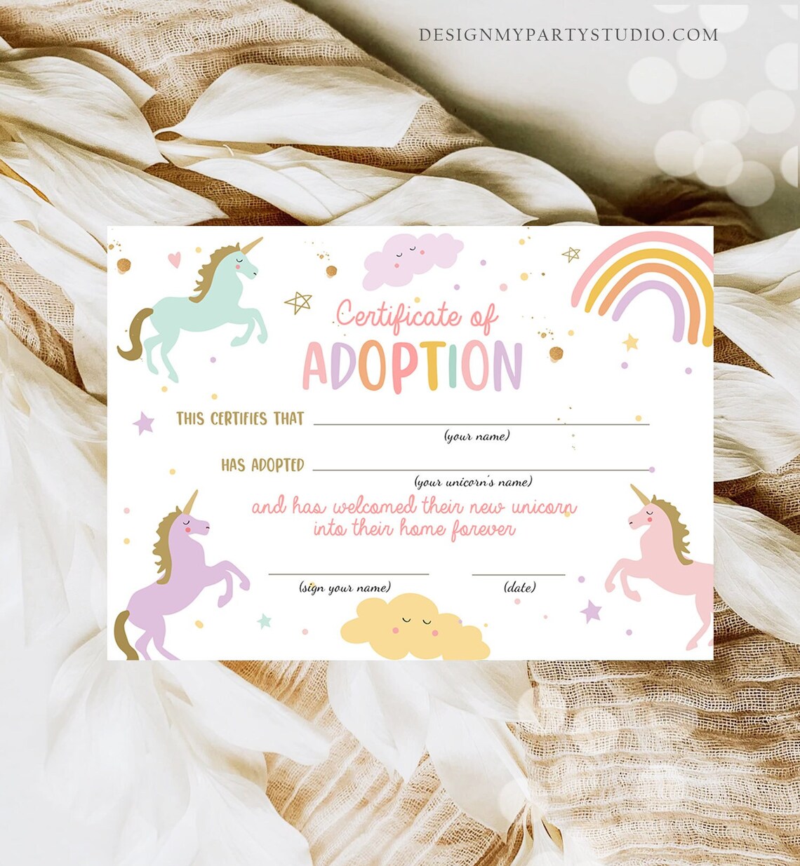 Adopt a Unicorn Certificate Unicorn Adoption Unicorn Birthday Party ...