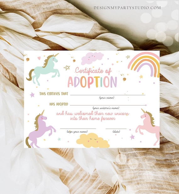 Adopt a Unicorn Certificate Unicorn Adoption Unicorn Birthday Party ...