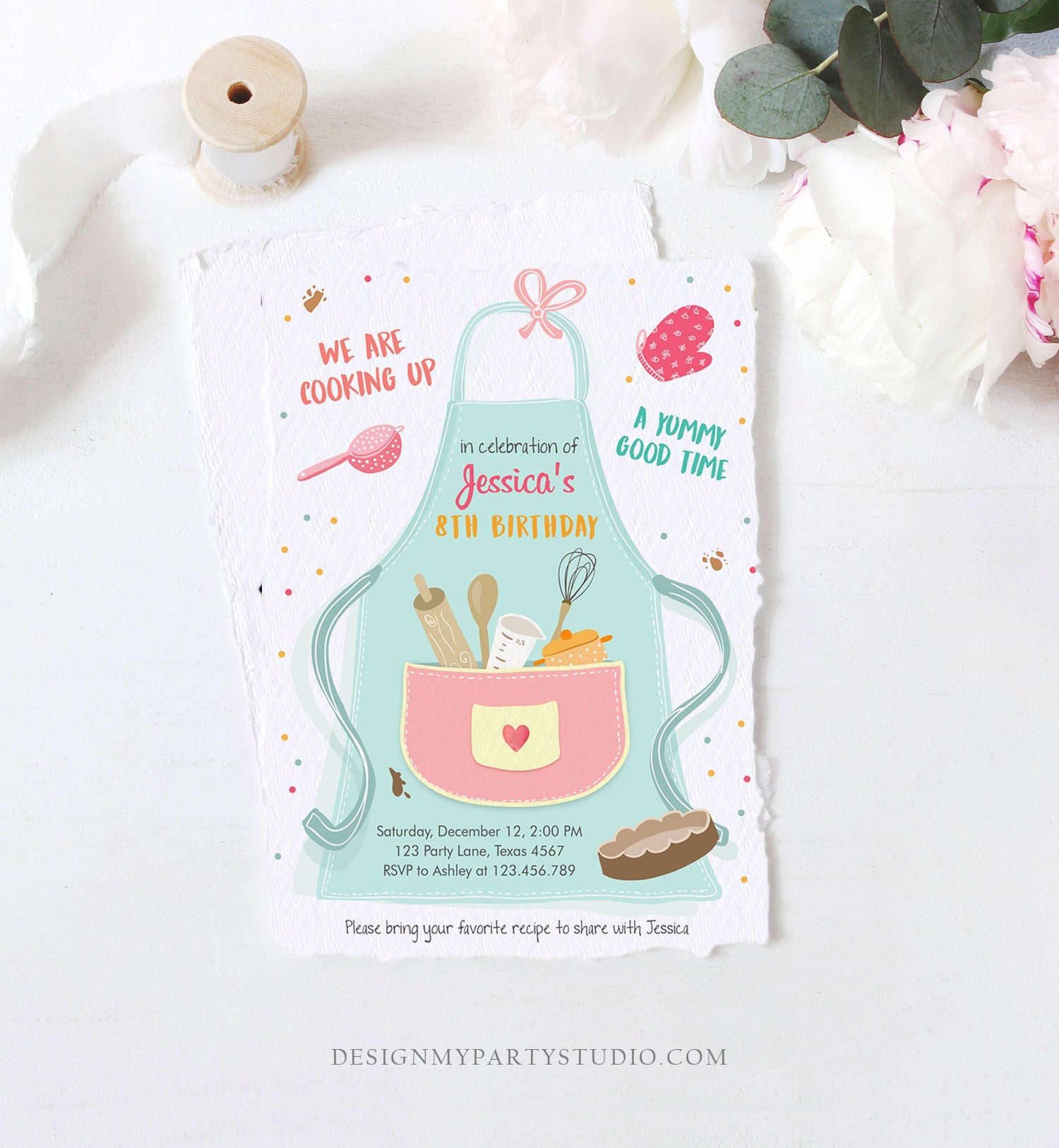 Editable Kids Kitchen Cooking Birthday Invitation Pink Girl Chef Baking ...