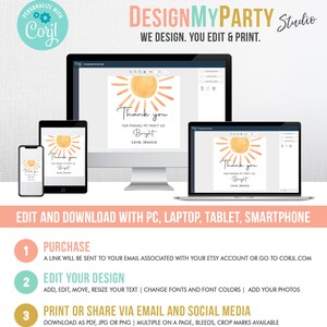 May include: A digital design template for a thank you card with a sun graphic and the text "Thank you for making my party so bright. Love, Jessica". The template is shown on a computer screen and a tablet. The text "DesignMyParty Studio" is at the top of the image.