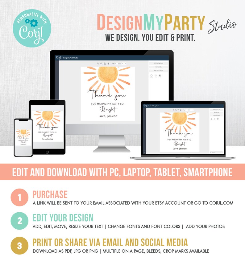 May include: A digital design template for a thank you card with a sun graphic and the text "Thank you for making my party so bright. Love, Jessica". The template is shown on a computer screen and a tablet. The text "DesignMyParty Studio" is at the top of the image.