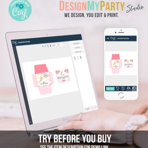 K&ouml;nnte beinhalten: Ein Laptop-Bildschirm zeigt eine Designvorlage f&uuml;r eine rosa und goldene Party-Geschenkbox mit Feen-Motiv. Die Vorlage ist editierbar und kann mit Text personalisiert werden. Der Text auf dem Bildschirm lautet "DesignMyParty Studio".