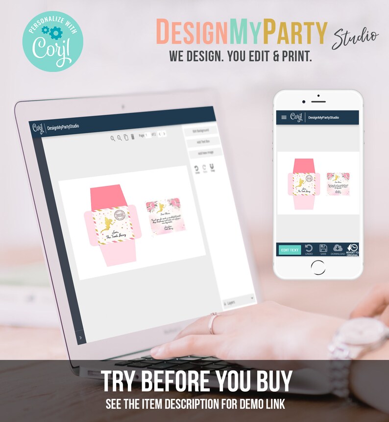 K&ouml;nnte beinhalten: Ein Laptop-Bildschirm zeigt eine Designvorlage f&uuml;r eine rosa und goldene Party-Geschenkbox mit Feen-Motiv. Die Vorlage ist editierbar und kann mit Text personalisiert werden. Der Text auf dem Bildschirm lautet "DesignMyParty Studio".