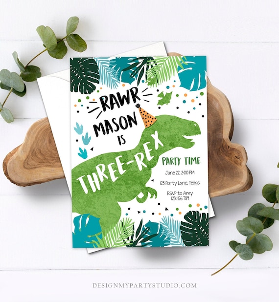 Editable Three-Rex Dinosaur Birthday Invitation Dino T-Rex Third Birthday 3rd Rawr Boy Green Blue Prehistoric Printable Corjl Template 0389 Il_570xn