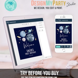 May include: A blue and gold printable welcome sign with a space theme. The sign features planets, stars, and a rocket ship. The text on the sign reads "Welcome to Jacob's First Birthday 06.04.2022".