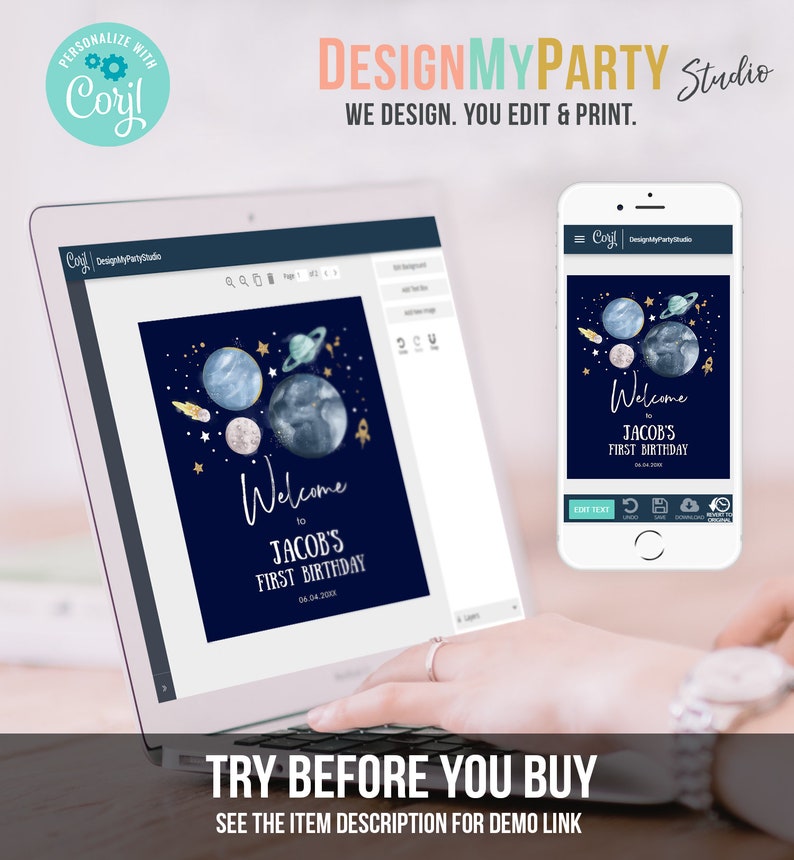May include: A blue and gold printable welcome sign with a space theme. The sign features planets, stars, and a rocket ship. The text on the sign reads "Welcome to Jacob's First Birthday 06.04.2022".
