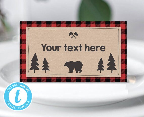 Lumberjack Food Labels Wild One Buffalo Plaid Place Card Tent Card Escort Card Bear Woodland Rustic Editable Template Templett 0026 Il_570xn