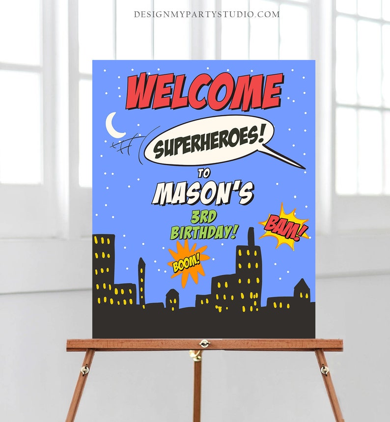 Editable Superhero Birthday Welcome Sign Boy Superheroes Party Super Hero Decor Comic Book Superhero Welcome Template PRINTABLE Corjl 0300 image 1