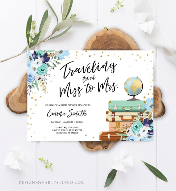 Editable Miss to Mrs Travel Bridal Shower Invitation Flowers Globe Suitcase Gold Confetti Traveling Blue Floral Corjl Template 0030 Il_570xn
