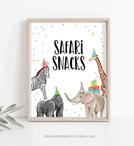 Safari Snacks Birthday Sign Table Decor Safari Birthday Wild One Animals Party Animals Girl Food Zoo Party Jungle Elephant PRINTABLE 0142 Il_570xn