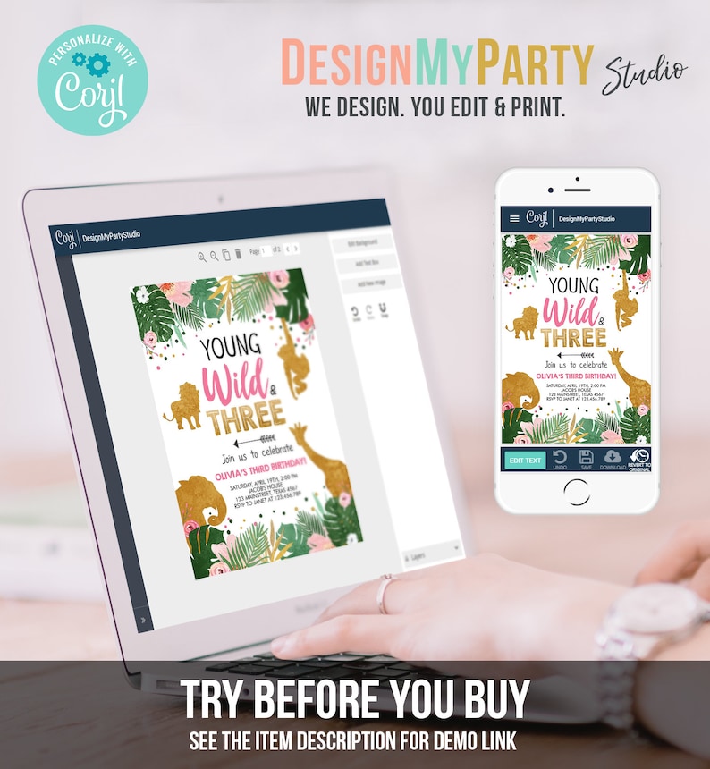 Editable Young Wild and Three Birthday Invitation Animals Invite Party Jungle Safari Pink Gold Download Printable Template Corjl 0016