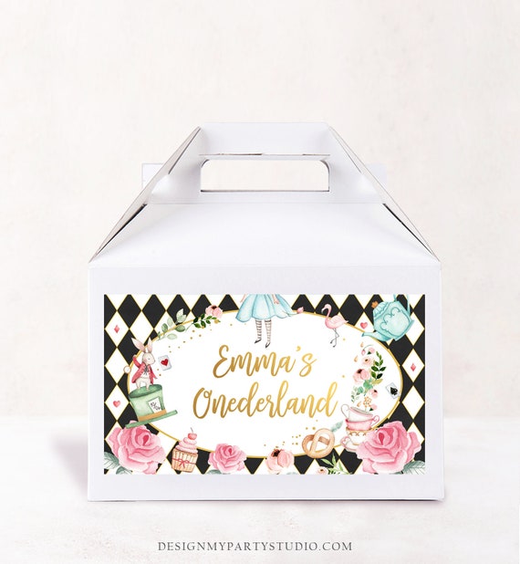 Editable Alice in Wonderland Gable Gift Box Label Alice In Onederland Birthday Girl Treat Box Label Tea Party Download Printable Corjl 0350 Il_570xn