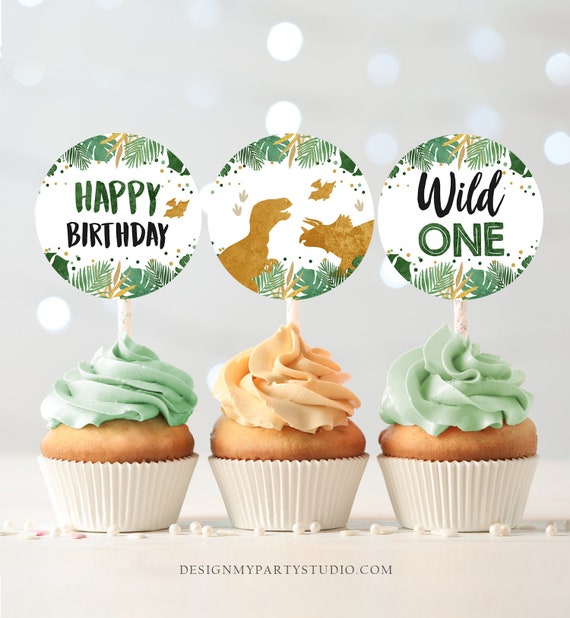 Wild One Cupcake Toppers Dinosaur Favor Tags Dino 1st Birthday Party Decor T-Rex Boy Stickers Dino Party Green Gold download PRINTABLE 0146 Il_570xn