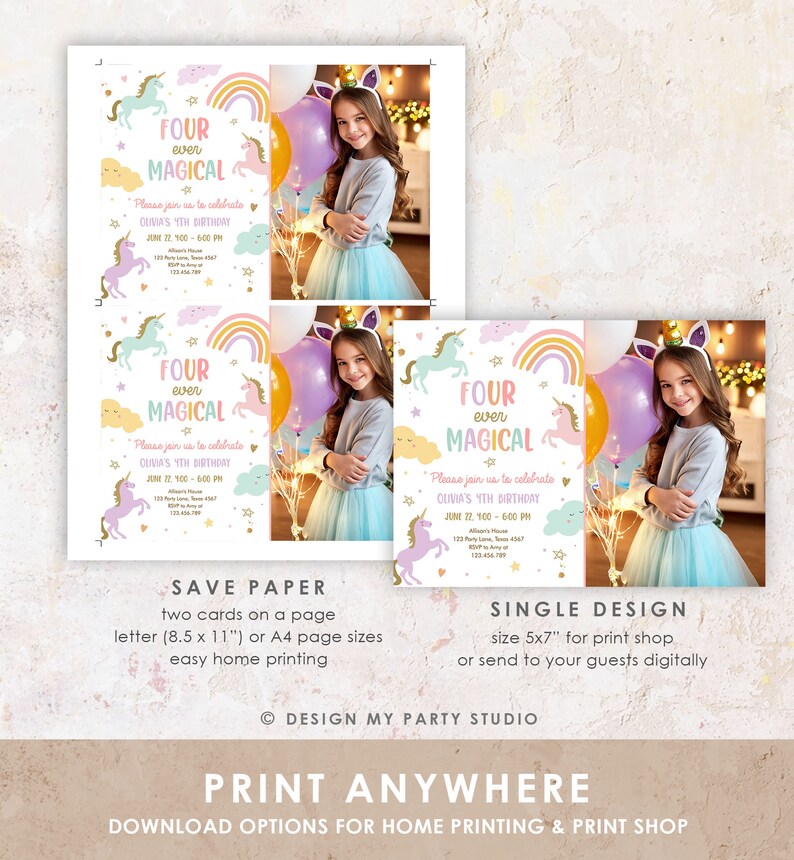 Editable Unicorn 4th Birthday Invitation Four Ever Magical Party Invite ...