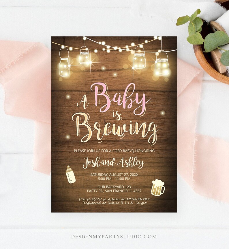 Editable A Baby is Brewing Invitation Bottle and Beers Baby Shower BaByQ BBQ Coed Couples Shower Girl Download Printable Template Corjl 0015 image 1