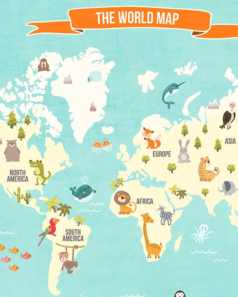 World Map Decal World Map Animals Animal World Poster Map Etsy