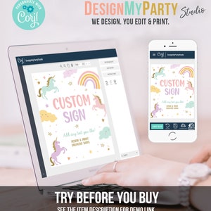 K&ouml;nnte beinhalten: Ein anpassbares Schild mit einem Regenbogen, Wolken und Einh&ouml;rnern. Das Schild lautet "Custom Sign" und enth&auml;lt den Text "Add any text you like! Design & Print Unlimited Signs".