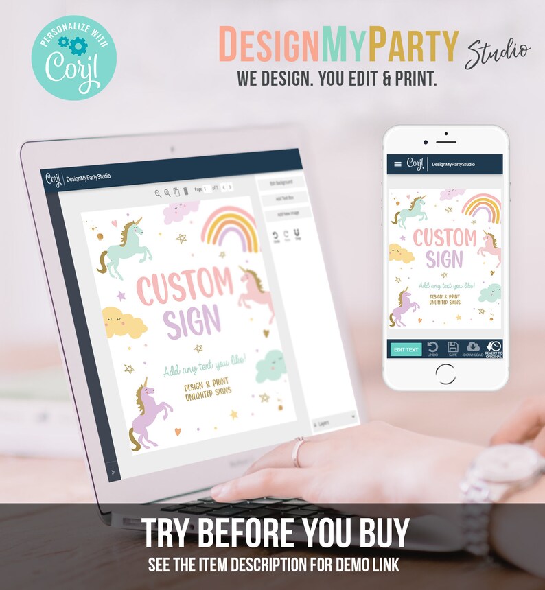 K&ouml;nnte beinhalten: Ein anpassbares Schild mit einem Regenbogen, Wolken und Einh&ouml;rnern. Das Schild lautet "Custom Sign" und enth&auml;lt den Text "Add any text you like! Design & Print Unlimited Signs".