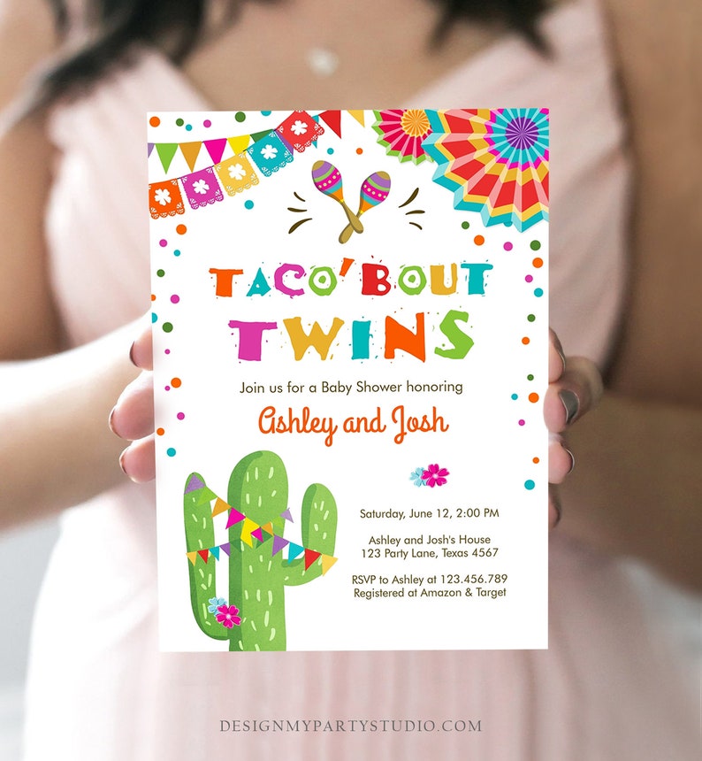 Editable Taco Bout Twins Baby Shower Invitation Cactus