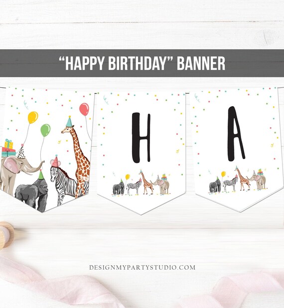 Happy Birthday Banner Party Animals Safari Animals Wild One Birthday Zoo Decorations Boy Girl Jungle Instant download PRINTABLE DIGITAL 0142 Il_570xn
