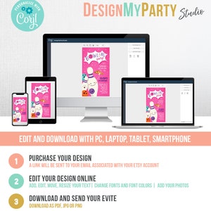 Editable Bowling Birthday Evite Strike Up Some Fun Girl Bowling Party Pizza Pink Download Phone Invitation Digital Template Corjl 0324 image 4